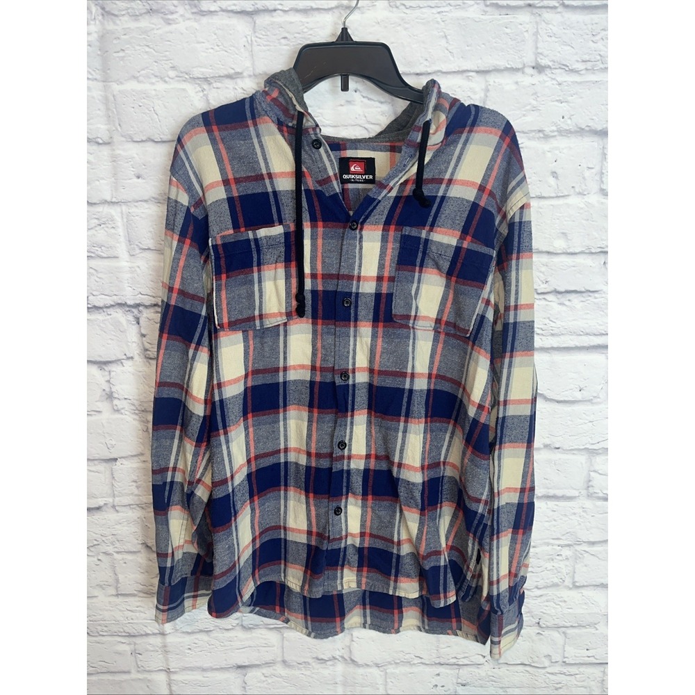 Quicksilver Men's Flannel Cotton Y2K Grunge Button Down Hooded Shirt Size XL